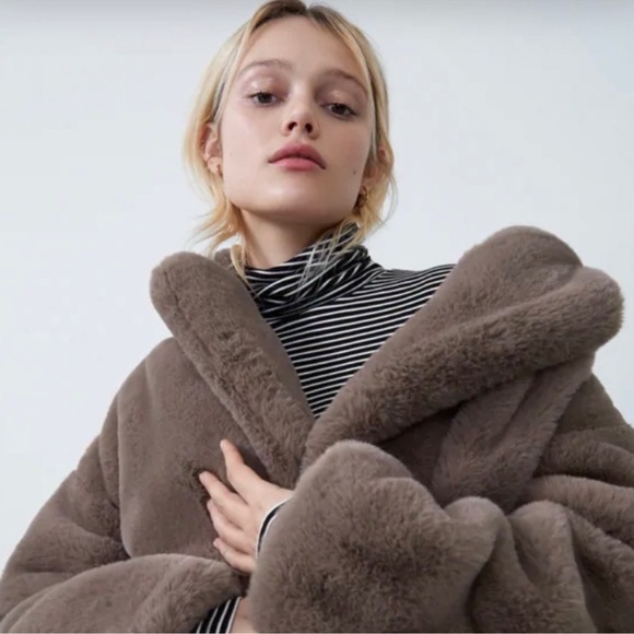 NWT Zara faux fur soft mink oversized gray trench coat jacket size small NEW - Picture 2 of 9